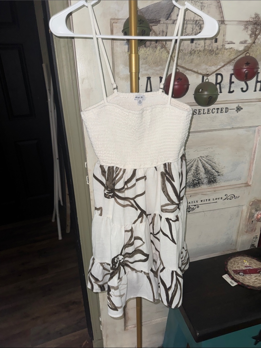 white birch White Smocked Sundress with Brown Floral Print